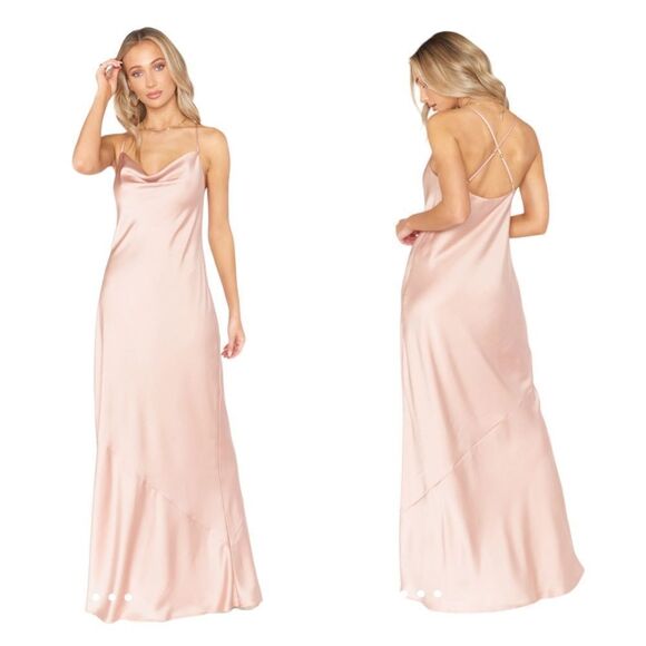 Formal Elegant Holiday Bodycon Nude Pink Maxi Scoop Neck Spaghetti Strap Dress - Picture 1 of 11